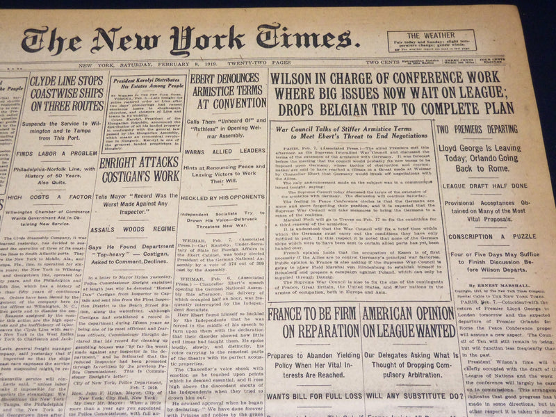 1919 FEBRUARY 8 NEW YORK TIMES - WILSON IN CHARGE OF CONFERENCE WORK - NT 7962