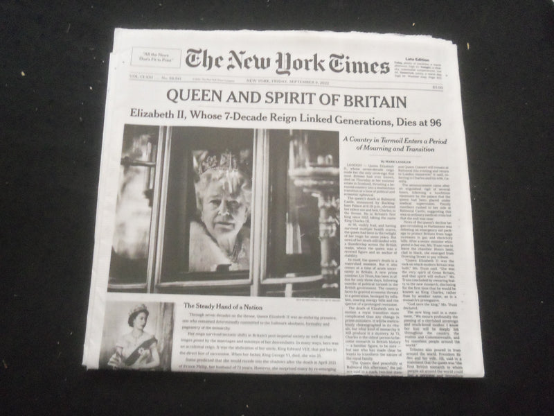 2022 SEPTEMBER 9 NEW YORK TIMES - QUEEN ELIZABETH DIED AT AGE 96 (1926-2022)
