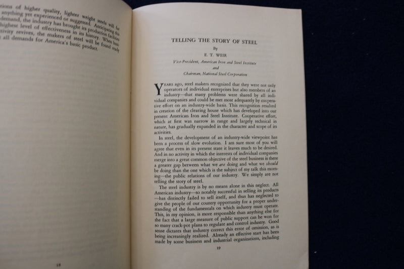 1938 WHERE DOES STEEL STAND? SOFTCOVER - THREE LEADERS SPEAK - K 1579