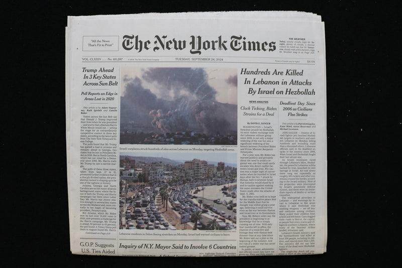 2024 SEP 24 NEW YORK TIMES - HUNDREDS KILLED IN LEBANON IN ATTACKS ON HEZBOLLAH