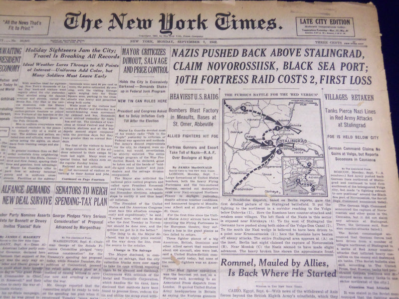 1942 SEPT 7 NEW YORK TIMES - NAZIS PUSHED BACK ABOVE STALINGRAD - NT 1523