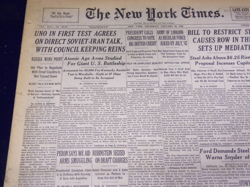 1946 JANUARY 31 NEW YORK TIMES - UNO AGREES ON SOVIET-IRAN TALK - NT 3234