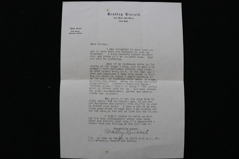 1930'S BRADLEY KINCAID FOLK SINGER TYPED LETTER - K 2763