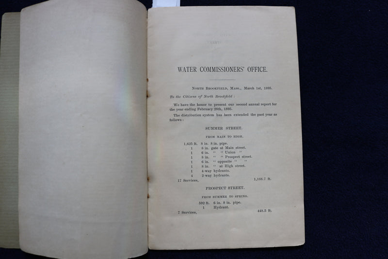 1895 NORTHBROOKFIELD WATER COMMISSIONERS ANNUAL REPORT SOFTCOVER BOOK - K 851
