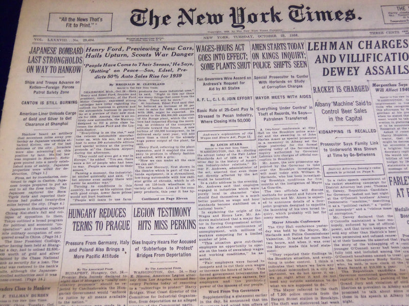 1938 OCTOBER 25 NEW YORK TIMES - HENRY FORD PREVIEWS NEW CARS - NT 3123