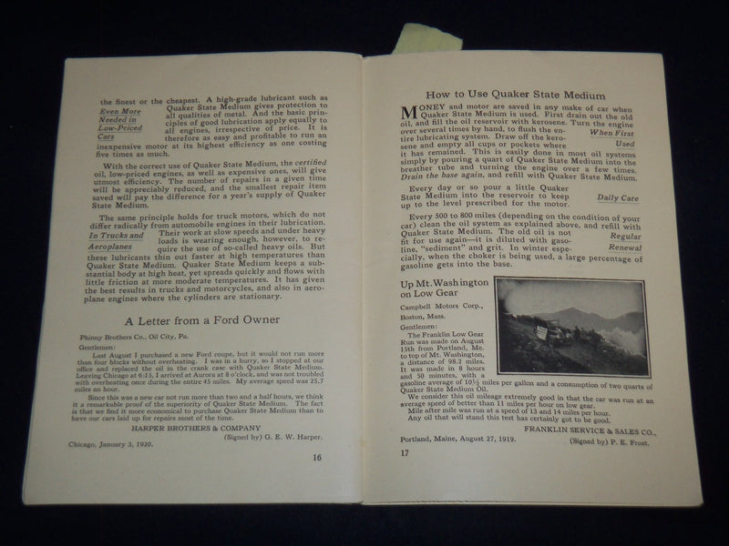 1923 THE IMPORTANCE OF CORRECT LUBRICATION - QUAKER STATE MEDIUM - J 8848