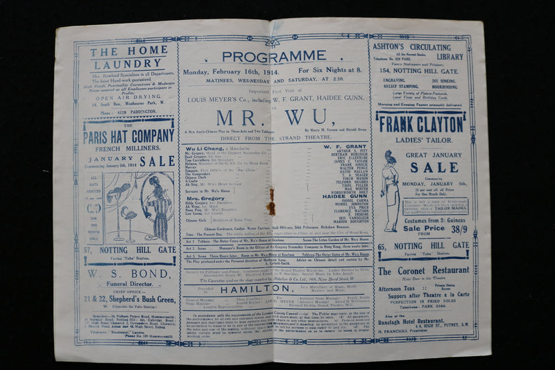 1914 FEBRUARY 16 CORONET THEATRE PROGRAMME - MR. WU - K 1949