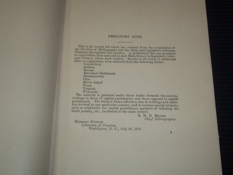 1912 CAPITAL PUNISHMENT SELECT LIST OF REFERENCES BOOK - HERMANN MEYER - K 3104