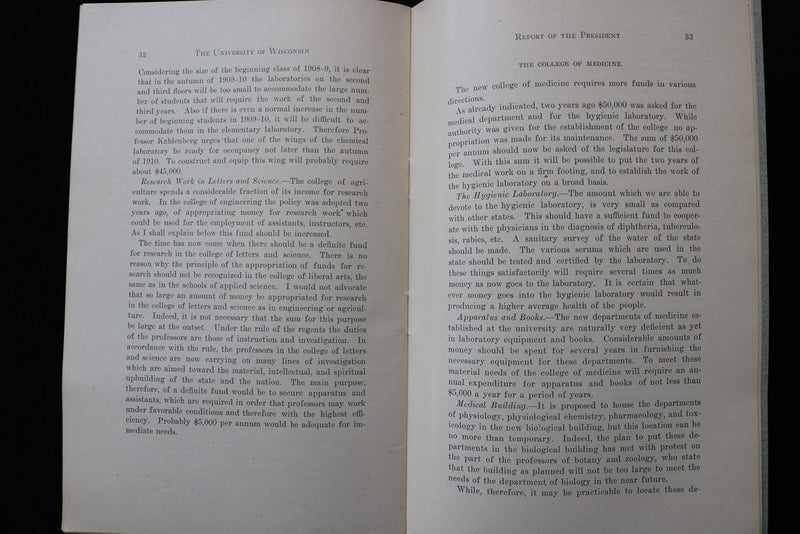 1908 UNIVERSITY OF WISCONSIN REPORT OF THE PRESIDENT SOFTCOVER BOOK - K 3009