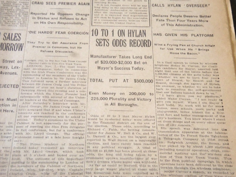 1921 NOVEMBER 8 NEW YORK TIMES - 10 TO 1 ON HYLAN-ODDS RECORD - NT 6151