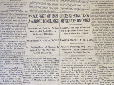1930 NOV 28 NEW YORK TIMES - PEACE PRIZE OF 1929 AWARDED TO KELLOGG - NT 6335