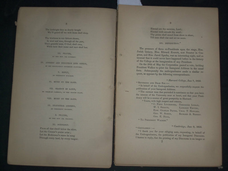 1853 MAY 24 REV. JAMES WALKER HARVARD PRESIDENT INAUGURATION ADDRESS - J 4382