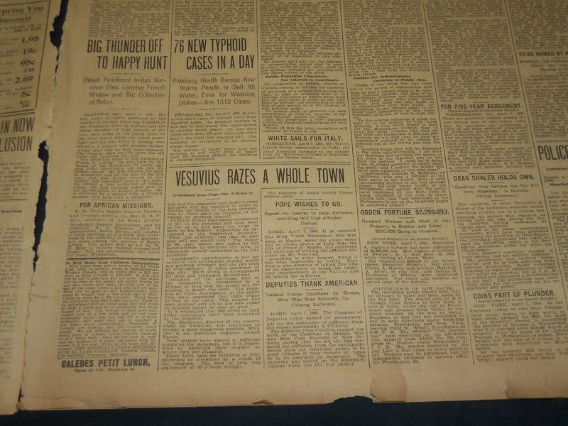 1906 APRIL 8 THE BOSTON HERALD NEWSPAPER - VESUVIUS RAZES A WHOLE TOWN - BH 278