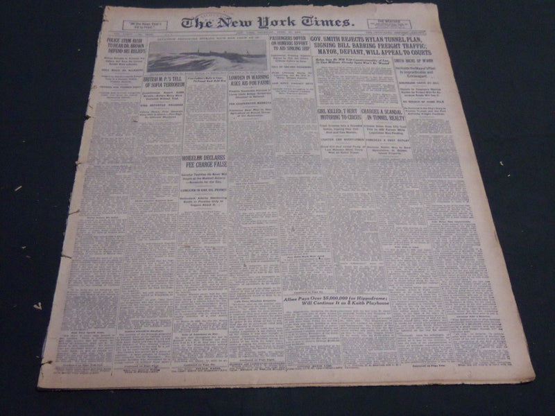 1925 APRIL 23 NEW YORK TIMES - GOV. SMITH REJECTS HYLAN TUNNEL PLAN - NT 5386