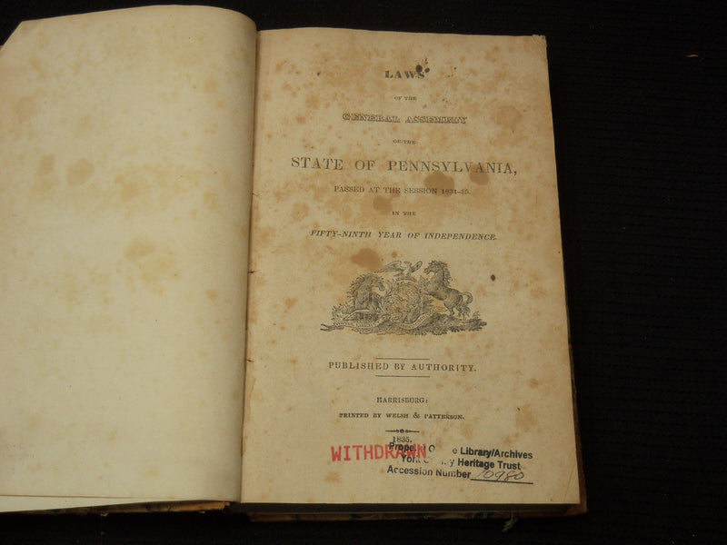 1826-1843 LAWS OF PENNSYLVANIA GENERAL ASSEMBLY - 15 TOTAL BOOKS - #100A