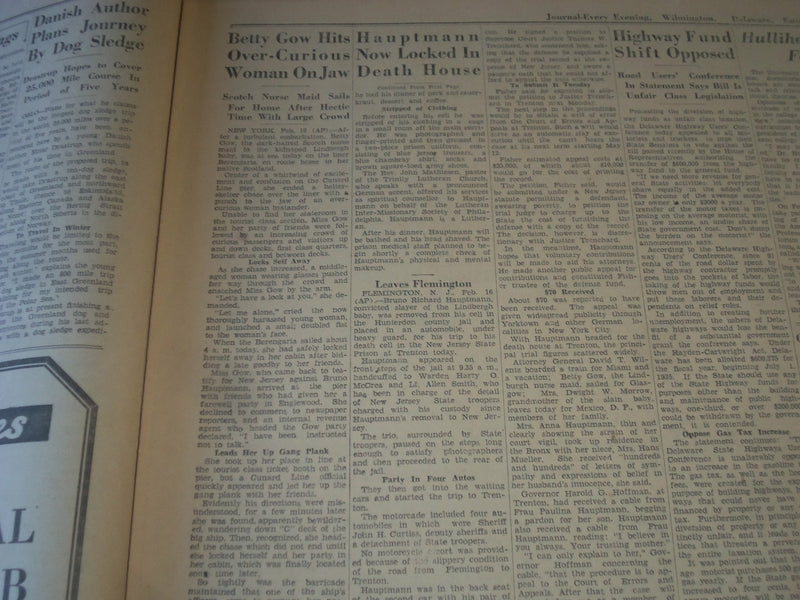 1935 FEBRUARY 16 WILMINGTON JOURNAL NEWSPAPER - HAUPTMANN LOCKED UP - NT 7290