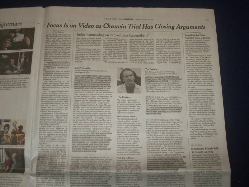 2021 APRIL 20 NEW YORK TIMES - CHAUVIN TRIAL GOES TO JURY - WALTER MONDALE DIED