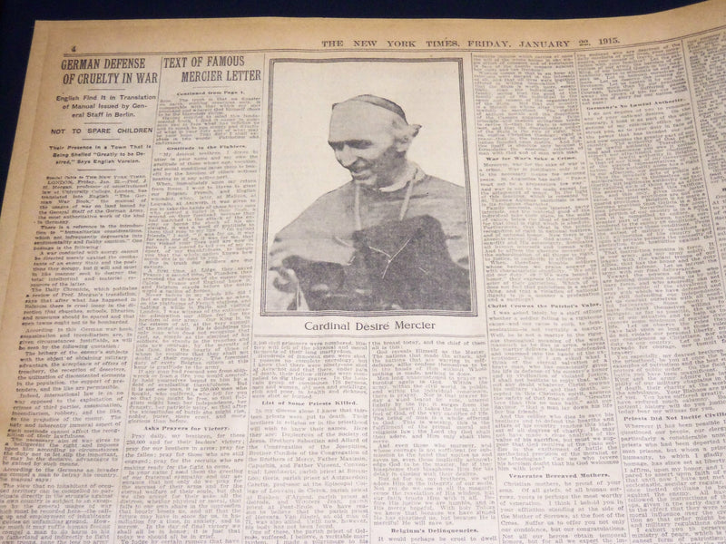 1915 JANUARY 22 NEW YORK TIMES NEWSPAPER - TEXT OF LETTER BY MERCIER - NT 7833
