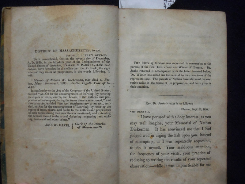 1830 MEMOIR OF NATHAN W. DICKERMAN HARDCOVER BOOK - K 211