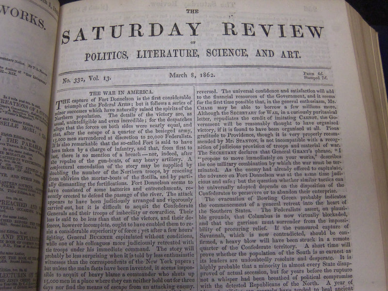 1862 SATURDAY REVIEW 2 BOUND VOLUMES - COMPLETE YR- PUBLISHED IN LONDON - R 1084