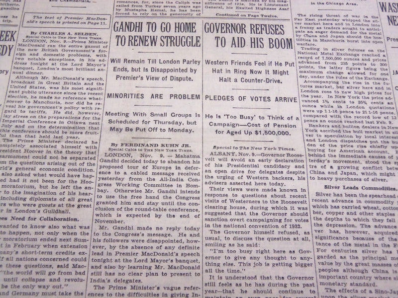 1931 NOV 10 NEW YORK TIMES - GANDHI TO GO HOME TO RENEW STRUGGLE - NT 2192