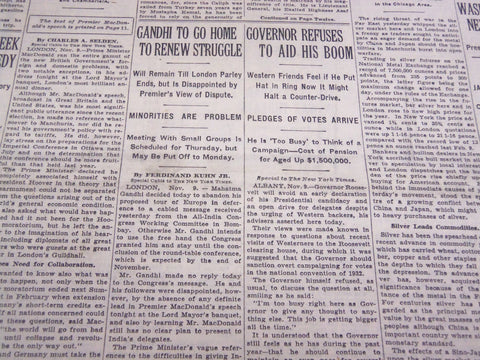 1931 NOV 10 NEW YORK TIMES - GANDHI TO GO HOME TO RENEW STRUGGLE - NT 2192