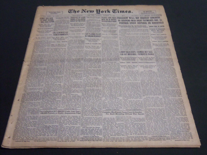 1932 NOV 17 NEW YORK TIMES -PRESIDENT WILL NOT SUSPEND WAR DEBT PAYMENT- NT 6993