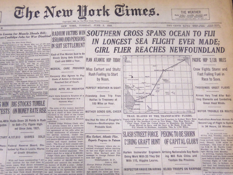 1928 JUNE 5 NEW YORK TIMES - SOUTHERN CROSS SPANS OCEAN TO FIJI - NT 5358