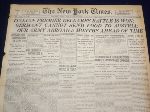 1918 JUNE 23 NEW YORK TIMES - ITALIAN PREMIER DECLARES BATTLE IS WON - NT 9097