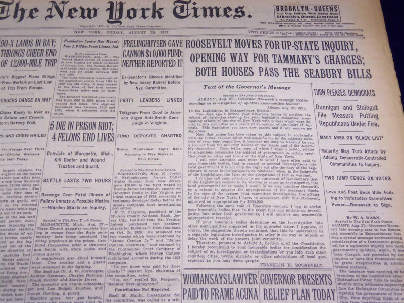 1931 AUG 28 NEW YORK TIMES - ROOSEVELT MOVES FOR UPSTATE INQUIRY - NT 2432