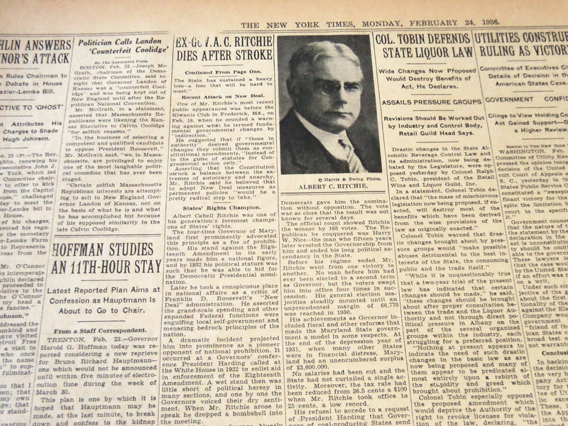 1936 FEBRUARY 24 NEW YORK TIMES - EX-GOV RITCHIE IS DEAD - NT 6702