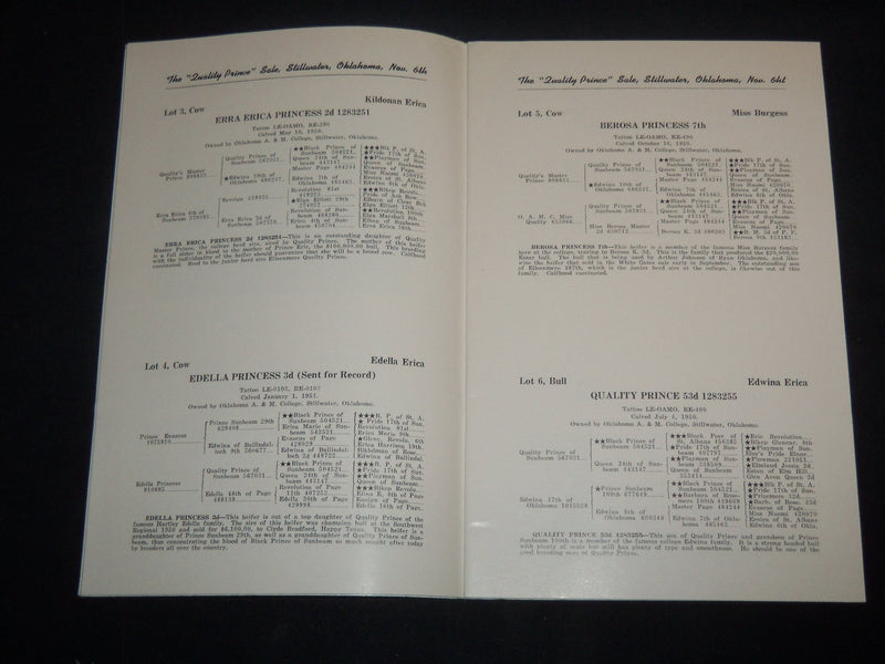 1951 QUALITY PRINCE BREEDERS' CATTLE SALE CATALOG - STILLWATER OKLAHOMA - J 9230