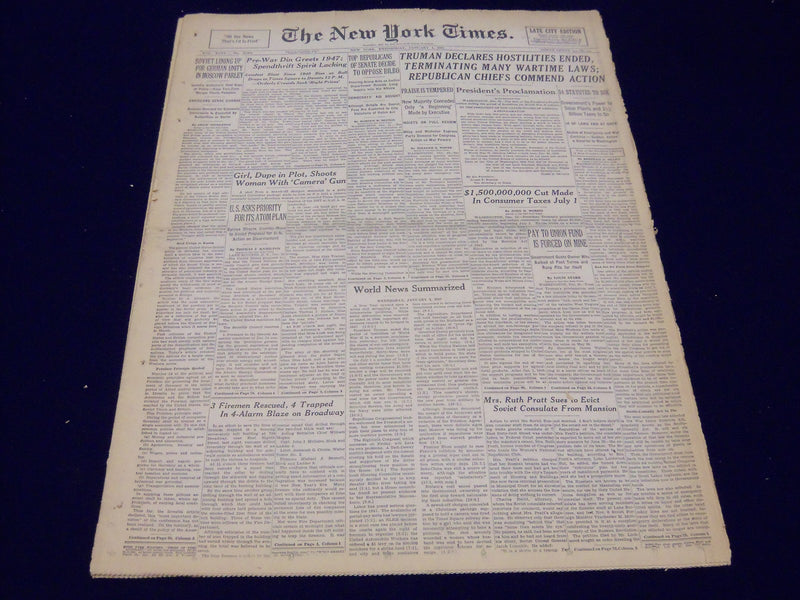1947 JAN 1 NEW YORK TIMES - TRUMAN DECLARES HOSTILITIES ENDED - NT 84