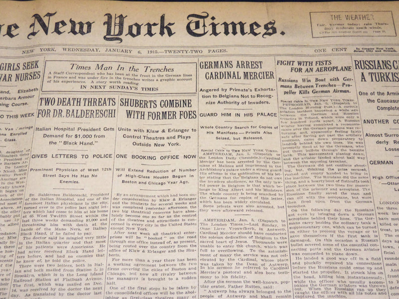 1915 JANUARY 6 NEW YORK TIMES - GERMANS ARREST CARDINAL MERCIER - NT 7816