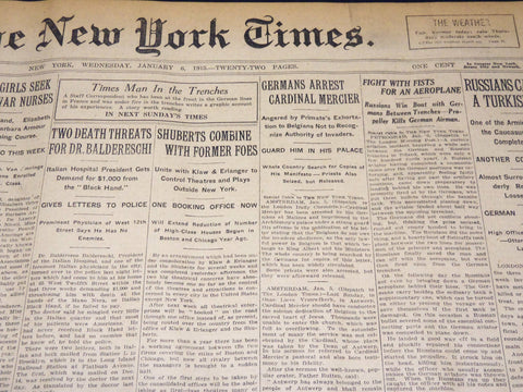 1915 JANUARY 6 NEW YORK TIMES - GERMANS ARREST CARDINAL MERCIER - NT 7816