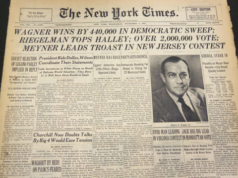 1953 NOVEMBER 4 NEW YORK TIMES - WAGNER WINS BY 440,000 - NT 4268
