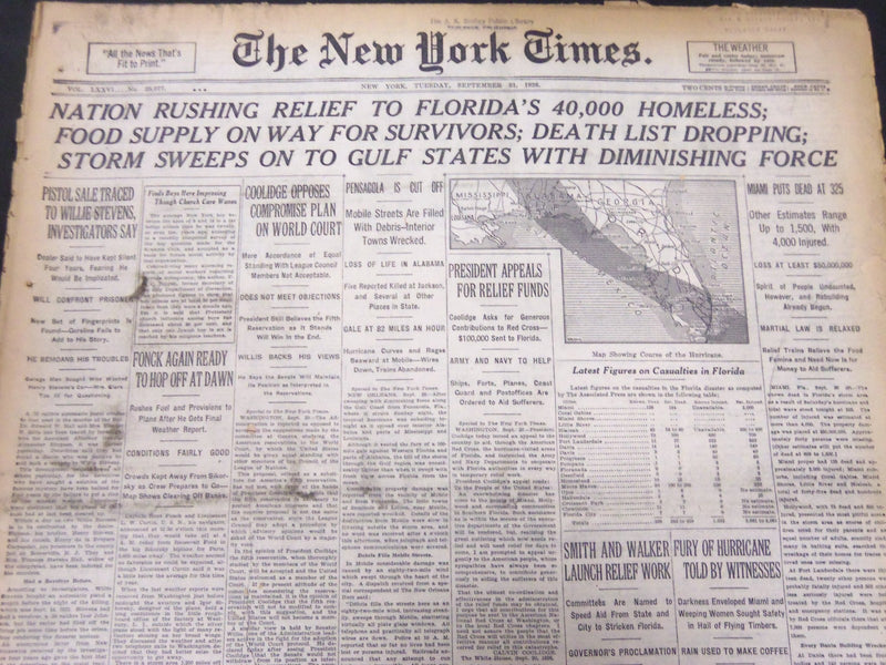 1926 SEPT 21 NEW YORK TIMES - NATION RUSHING RELIEF TO FL HOMELESS - NT 5291