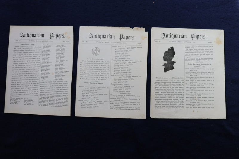1879-1885 ANTIQUARIAN PAPERS - IPSWICH, MASSACHUSETTS - LOT OF 34 - K 780