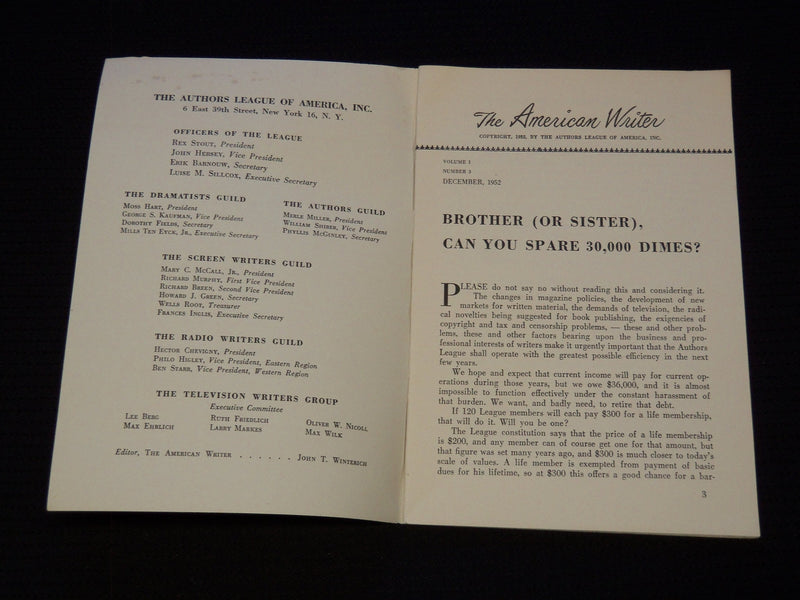 1952 DECEMBER THE AMERICAN WRITER MAGAZINE - VOLUME 1 NO. 3 - J 8001
