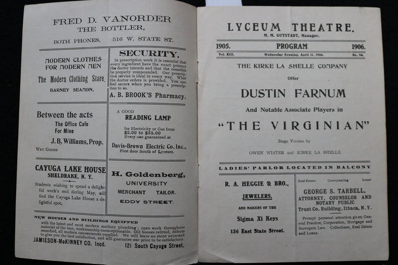 1906 APRIL 11 DUSTIN FARNUM IN THE VIRGINIA PROGRAM - LYCEUM THEATRE - K 1943