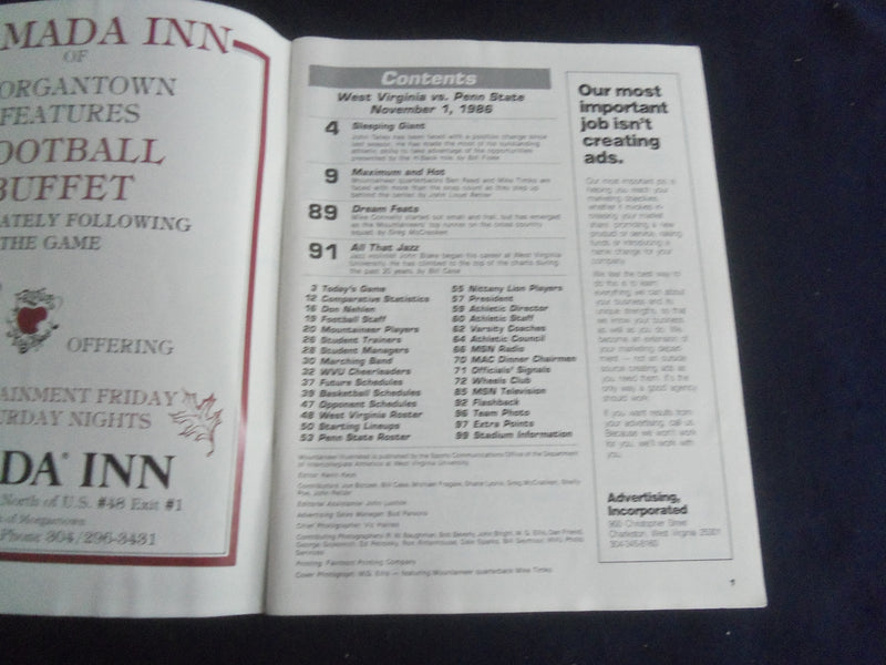 1986 NOV 1 FOOTBALL PROGRAM - WEST VIRGINIA UNIV VS PENN STATE UNIV - SP 4686U