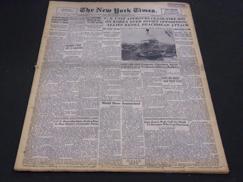 1950 DECEMBER 14 NEW YORK TIMES - U. N. APPROVES CEASE FIRE - NT 4299