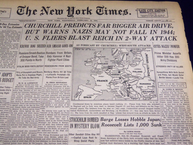 1944 FEBRUARY 23 NEW YORK TIMES - CHURCHILL PREDICTS BIGGER AIR DRIVE - NT 3329