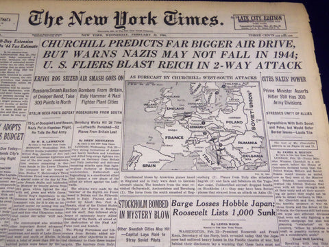 1944 FEBRUARY 23 NEW YORK TIMES - CHURCHILL PREDICTS BIGGER AIR DRIVE - NT 3329