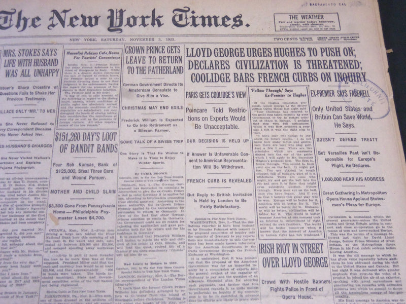 1923 NOVEMBER 3 NEW YORK TIMES - LLOYD GEORGE URGES HUGHES TO PUSH ON - NT 5865