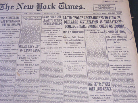 1923 NOVEMBER 3 NEW YORK TIMES - LLOYD GEORGE URGES HUGHES TO PUSH ON - NT 5865