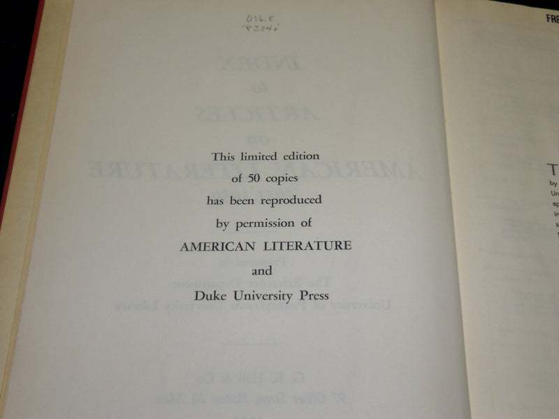 1960 INDEX TO ARTICLES ON AMERICAN LITERATURE BOOK - LIMITED EDITION - KD 1176G