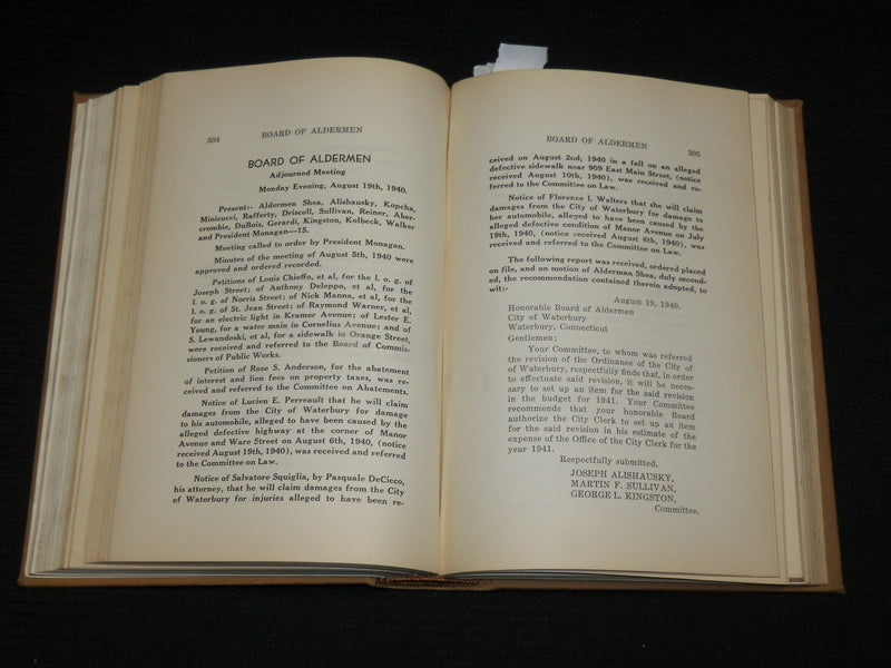1940 WATERBURY BOARD OF ALDERMEN JOURNAL BOUND VOLUME - KD 7399