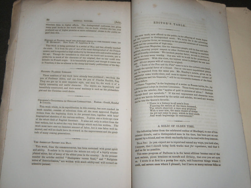 1847 JULY THE AMERICAN LITERARY MAGAZINE VOL 1 NO. 1 - WALTER RALEIGH - J 2787