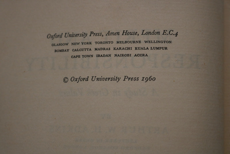 1960 MERIT AND RESPONSIBILITY - GREEK VALUES HARDCOVER BOOK BY ADKINS - KD 9647